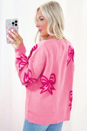 Pink Bow Pattern Drop Shoulder Loose Sweater - Image 2