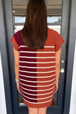 Brown Stripe Color Block Quarter Zip Collar Short Sleeve Sweater Dress - Image 4