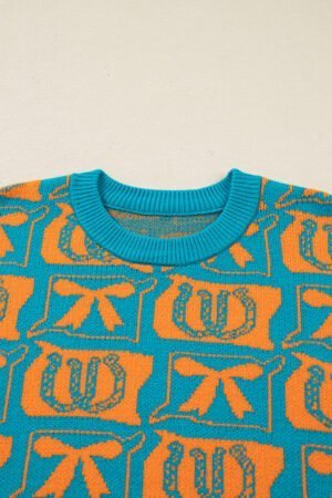 Light Blue Bows & Horseshoes Pattern Western Fashion Print Sweater - Image 5