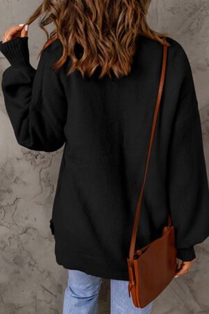 Black Solid Color Puffy Sleeve Pocketed Sweater - Image 2