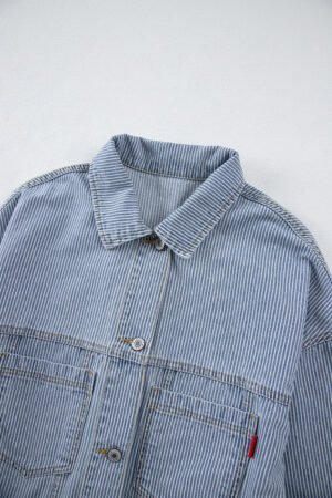 Sky Blue Stripe Washed Oversize Pocketed Denim Jacket - Image 8