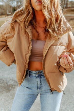 Brown Zip Up Pocketed Puffer Jacket - Image 4