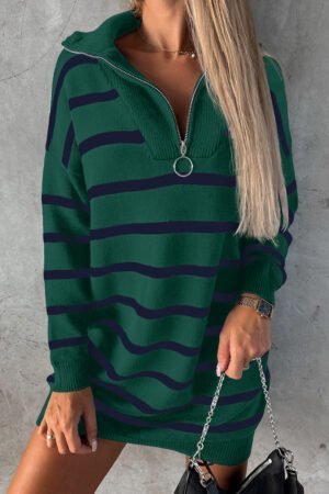 Green Striped O-ring Zip Collared Loose Sweater Mini Dress - Image 2