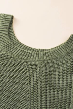 Green Hollow-out Puffy Sleeve Knit Sweater - Image 6