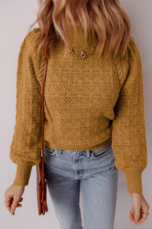 Jurassic Gold Hollow Out Crochet Ribbed Edge Balloon Sleeve Sweater - Image 4