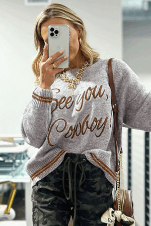 Light Grey See You Cowboy Embroidered Western Graphic Sweater - Image 5