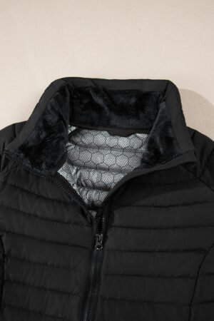 Black Solid Color Quilted Zip-up Puffer Jacket - Image 8