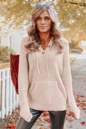 Apricot Waffle Knit Buttons Hooded Sweater with Pocket - Image 7