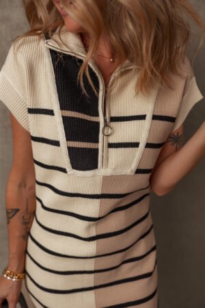 Khaki Stripe Color Block Quarter Zip Collar Short Sleeve Sweater Dress - Image 5