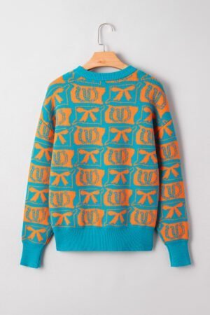Light Blue Bows & Horseshoes Pattern Western Fashion Print Sweater - Image 4