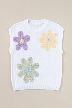 White Multi Crochet Flower Knit Short Sleeve Sweater Tops - Image 6
