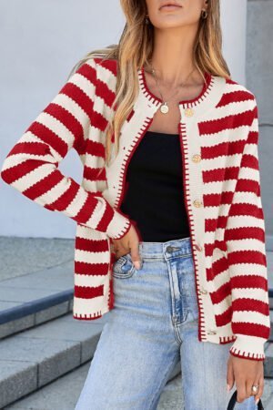 Red Stripe Chic Golden Button Cardigan Sweater - Image 4