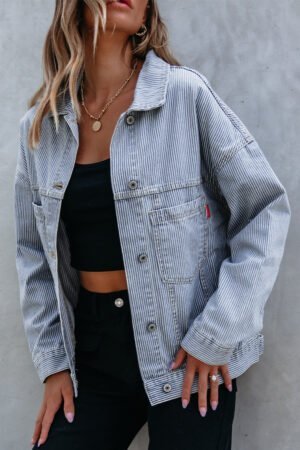 Alternative view of Sky Blue Stripe Washed Oversize Pocketed Denim Jacket