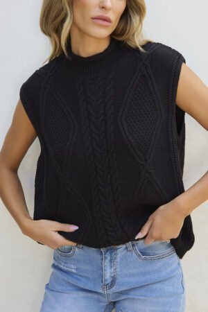 Black Solid Color Cable Knit High Neck Sweater Vest - Image 2