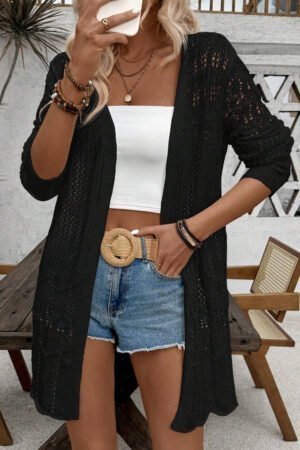 Black Crochet Hollow Out Open Front Cardigan - Image 2