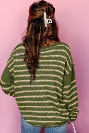 Green Stripe Drop Shoulder Casual Sweater - Image 2