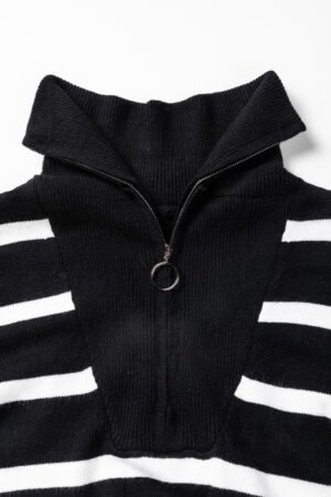 Black Striped O-ring Zip Collared Loose Sweater Mini Dress - Image 8
