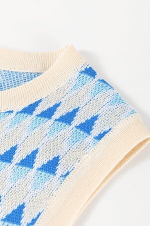 Sky Blue Stripe Geometric Print Round Neck Slim Fit Sweater Vest - Image 7