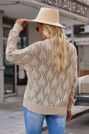 Apricot Crochet Knit Ribbed Hem Hollow-out Sweater - Image 5