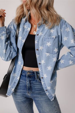 Sky Blue Star Print Light Wash Raw Hem Denim Jacket - Image 2