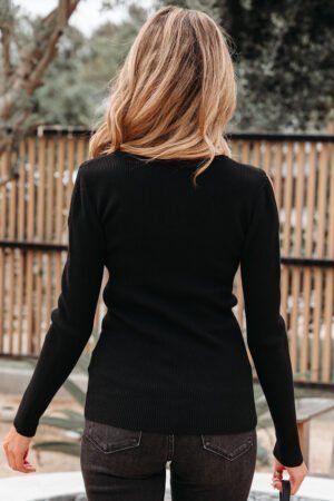 Black Ribbed Knit Cold Shoulder Sweater - Image 10