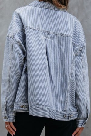Sky Blue Stripe Washed Oversize Pocketed Denim Jacket - Image 3