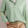 Meadow Mist Green Textured Knit Drop Shoulder Color Block Detail Long Sleeve Henley Top