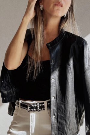 Black Faux Leather Buttoned Front Boxy Jacket - Image 3