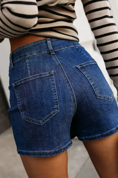 Bluing Asymmetric Wrapped Buttoned High Waist Denim Shorts