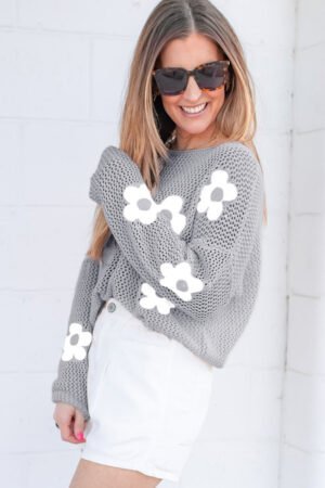 Alternative view of Light Grey Big Flower Hollowed Knit Drop Shoulder Sweater