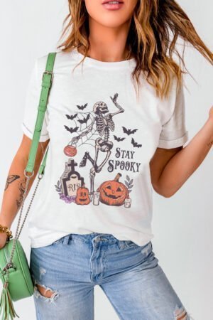 White Skull Pumpkin Face STAY SPOOKY Graphic Halloween T Shirt - Image 4