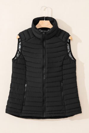 Black Plush Collared Quilted Zipped Puffer Vest - Image 6