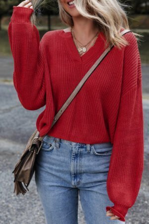Racing Red Solid Textured Knit V Neck Drop Shoulder Sweater - Image 3