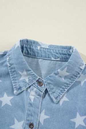 Sky Blue Star Print Light Wash Raw Hem Denim Jacket - Image 7