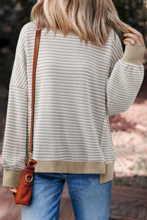 Brown Stripe Ribbed Trim Drop Shoulder Long Sleeve Oversize Top