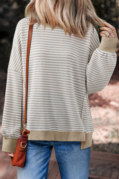 Brown Stripe Ribbed Trim Drop Shoulder Long Sleeve Oversize Top