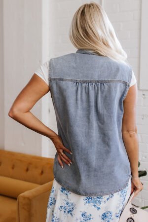 Beau Blue Denim Flap Pocket Curved Hem Shirt Vest - Image 3