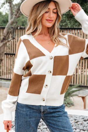 Khaki Checkered Pattern Ribbed Detail Button V Neck Sweater Cardigan - Image 9