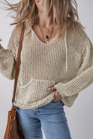 Jet Stream Hollow-out Kangaroo Pocket V Neck Hooded Sweater - Image 3