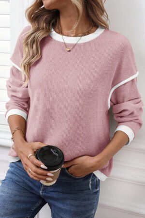 Light Pink Contrast Color Trim Knit Drop Shoulder Loose Top - Image 4