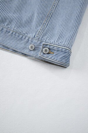 Sky Blue Stripe Washed Oversize Pocketed Denim Jacket - Image 7