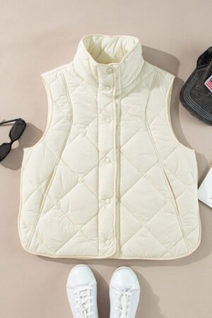 Beige Quilted High Neck Button Up Pocket Vest Coat - Image 5