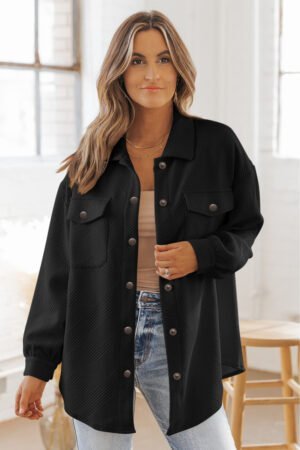 Black Solid Textured Flap Pocket Buttoned Shacket - Image 4