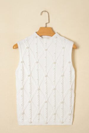 White Pearled High Neck Textured Knit Sweater Vest - Image 4