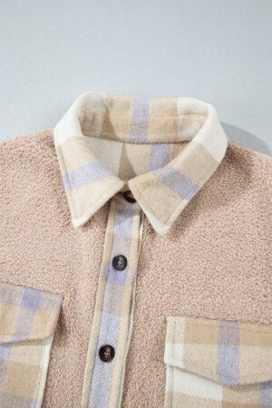 Smoke Gray Plaid Patchwork Collared Button-up Sherpa Long Coat - Image 6
