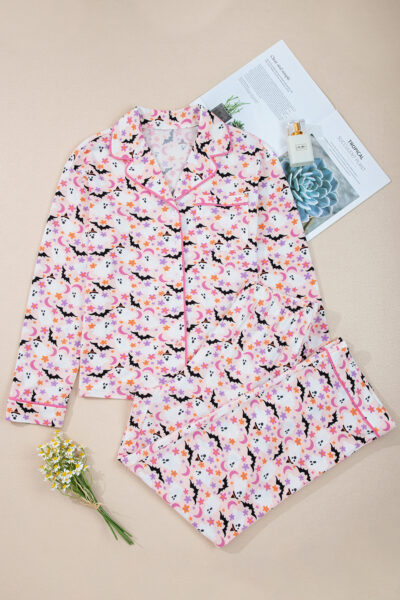 Pink Halloween Eve Haunted Honey Bat Print Pajama Set