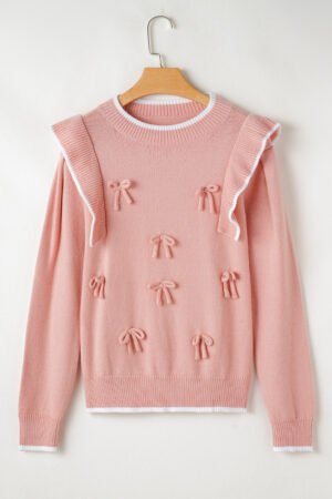Light Pink Ruffled Bowknot Ribbed Trim Long Sleeve Sweater - Image 4