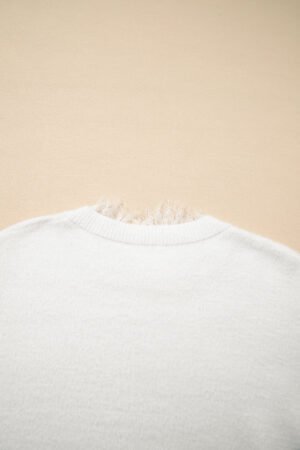 Beige Lace Sleeve Patchwork Faux Two-piece Fuzzy Sweater - Image 7