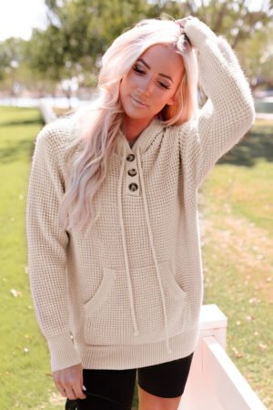 Apricot Waffle Knit Buttons Hooded Sweater with Pocket - Image 4