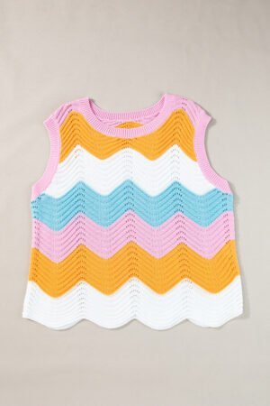 Multicolour Striped Colorblock Scalloped Hem Knitted Vest - Image 5